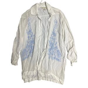 Vintage Awesome embroidered rayon white and blue JW vibes button front tunic siz